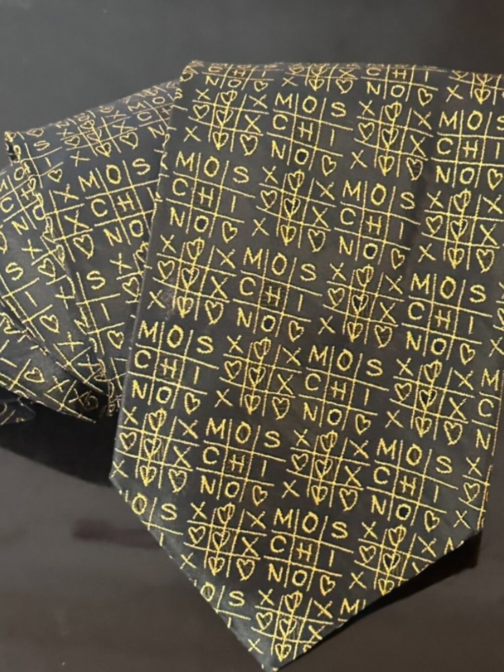 Moschino Collectors Item Necktie Silk Jacquard Black Gold Tic Tac Toe Tie VtG